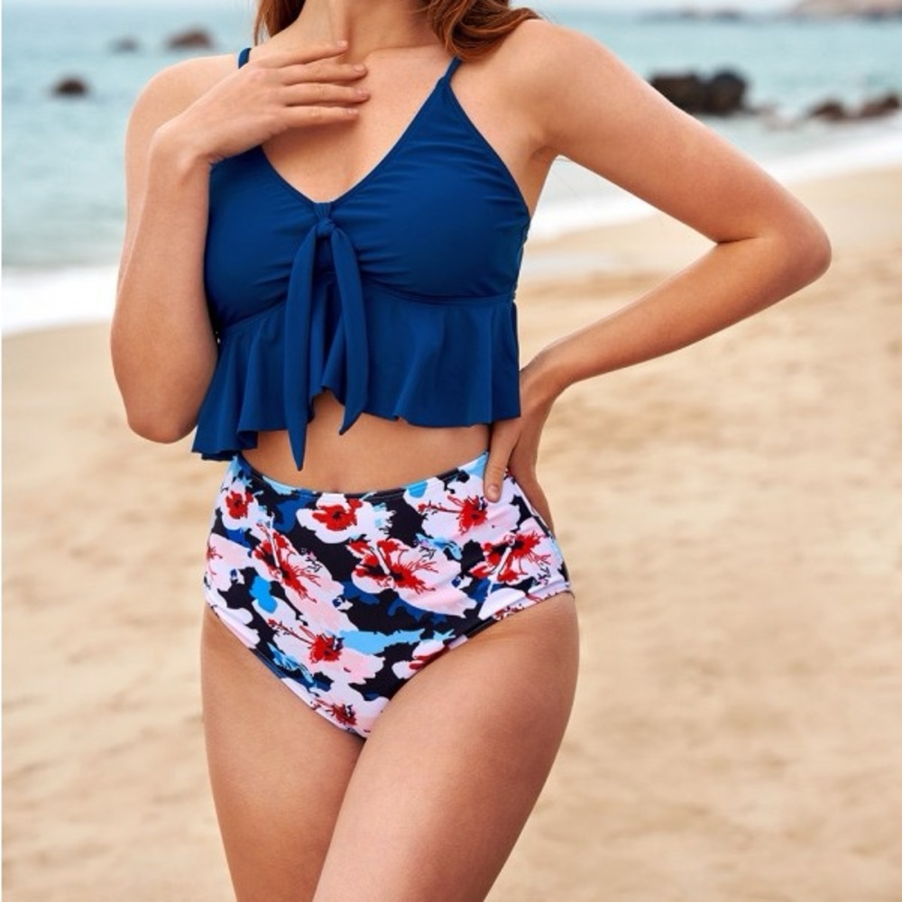 Floral Ruffle Adjustable Straps Ties High Waist 2-piece Bikini Set